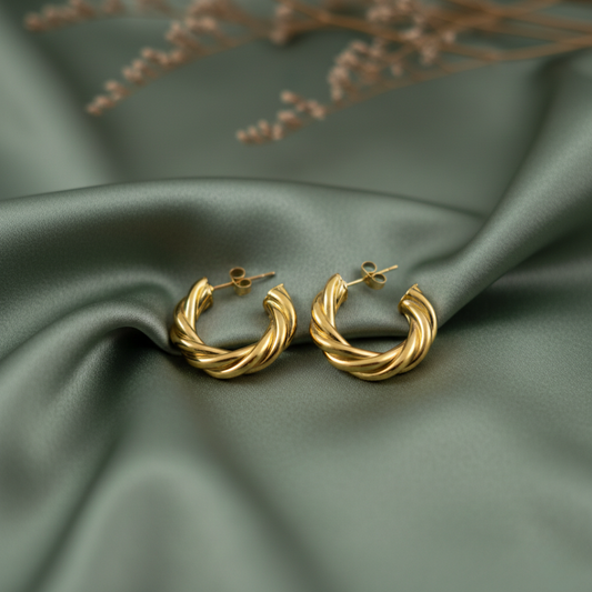 The Twine – 18K Gold Plated Semi Circle Twisted Cord Hoop Earrings, Hypoallergenic, Non Tarnish & Non Fade
